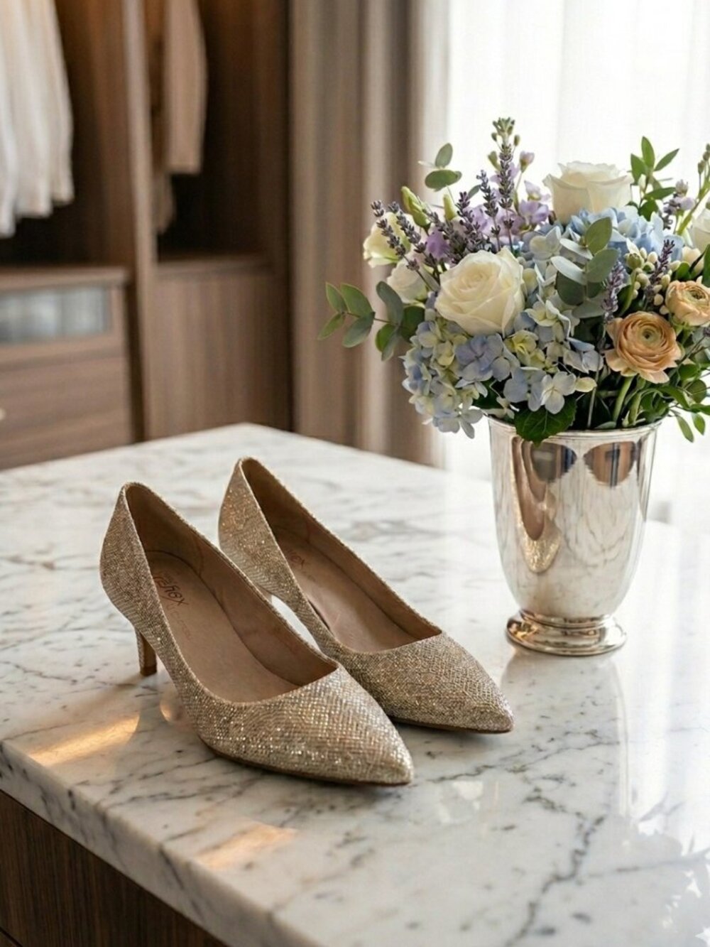 Le Château Moda Reflex Champagne Gold Glitter Kitten Heels - Size 8